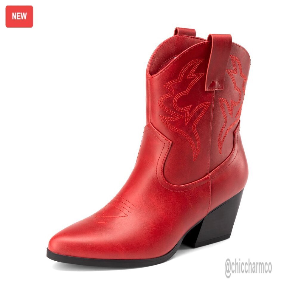 Women's Embroidered Western Ankle Boots Chunky Heel Pointed Toe Cowgirl Booties